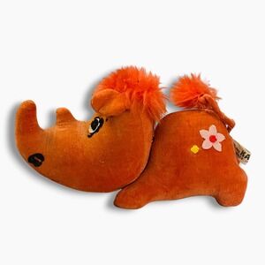 Vintage 1968 Kamar Orange Velvet Rhinoceros Plush Toy Made in Japan 7.5"